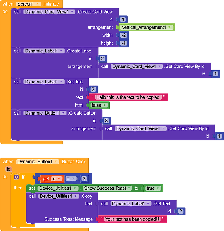 How to copy text to device clipboard, text in kodular dynamic cardview, without using external