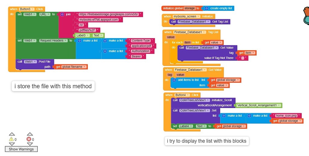 Get list of pdf files from firebase storage to collintree listview
