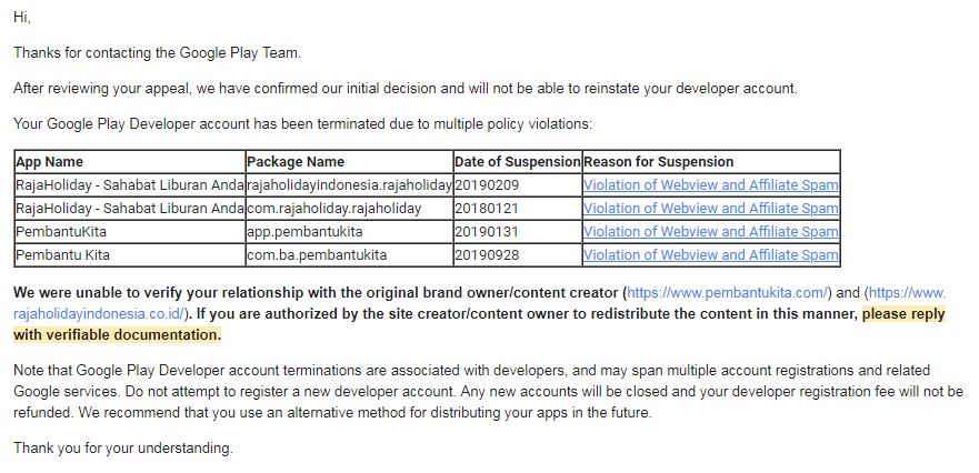 Help Google Play Developer account has been terminated Discuss